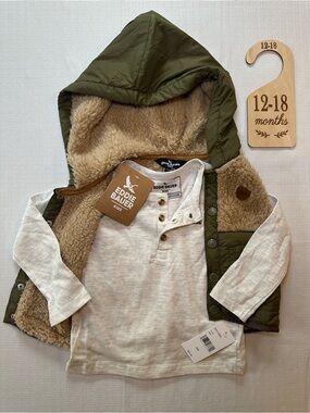 Eddie Bauer Kids Olive Green Hooded Vest & Heathered Henley Set 18M NWT